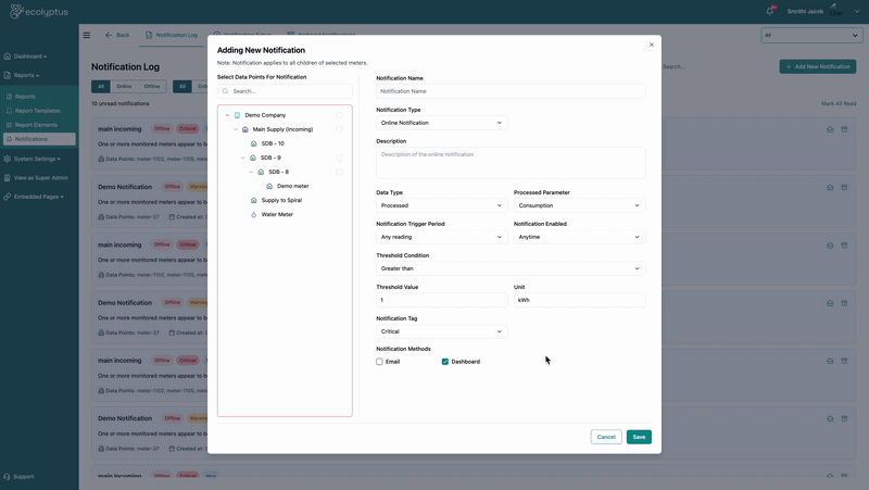 Create notification modal