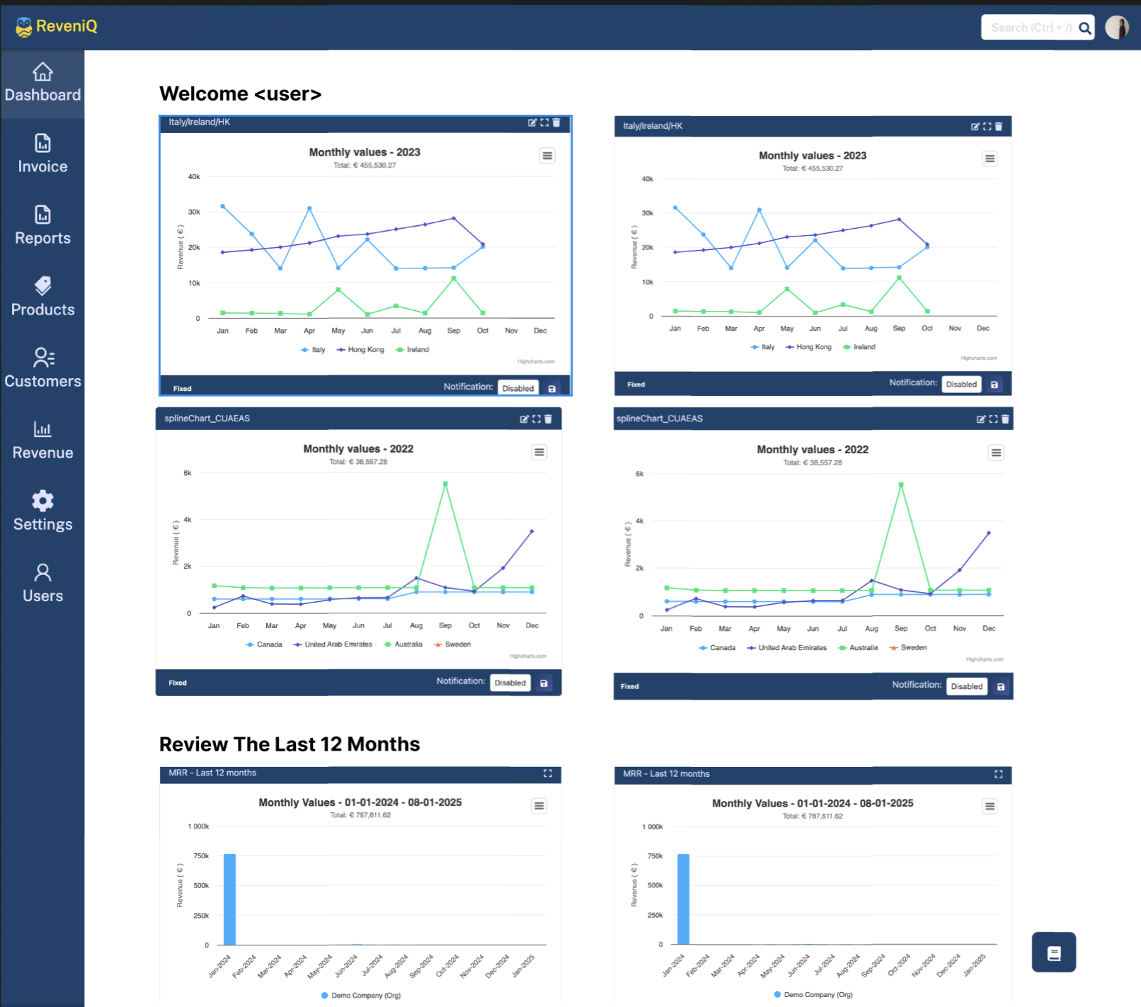 ReveniQ main dashboard view